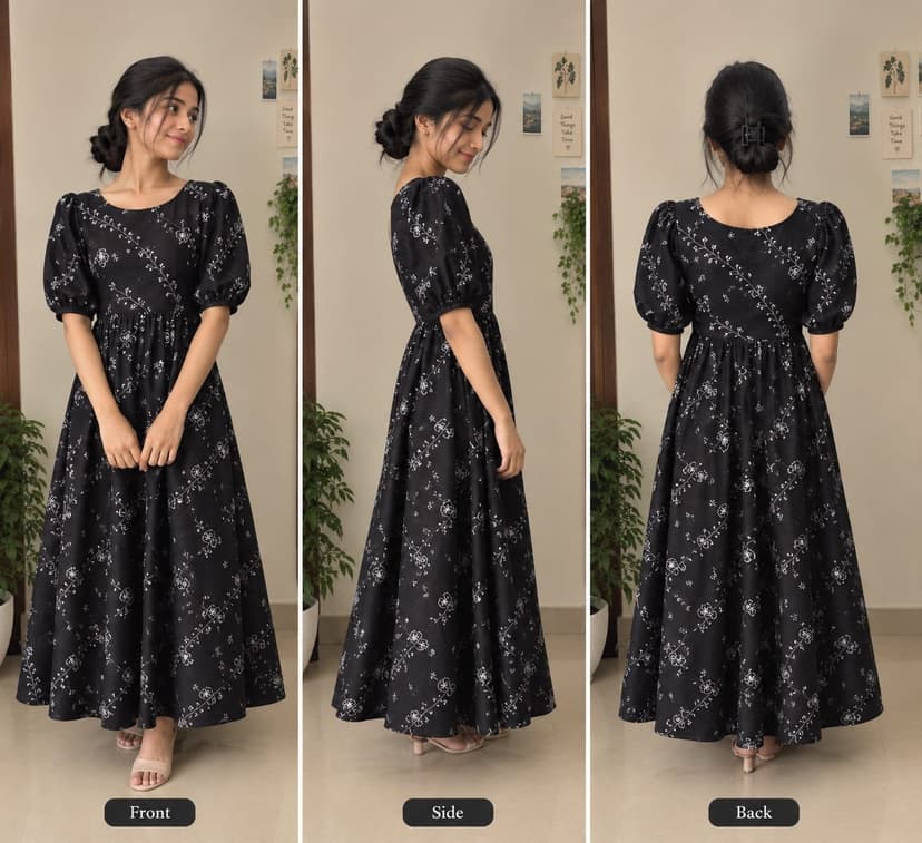 Black Floral Puff Sleeve Maxi Dress