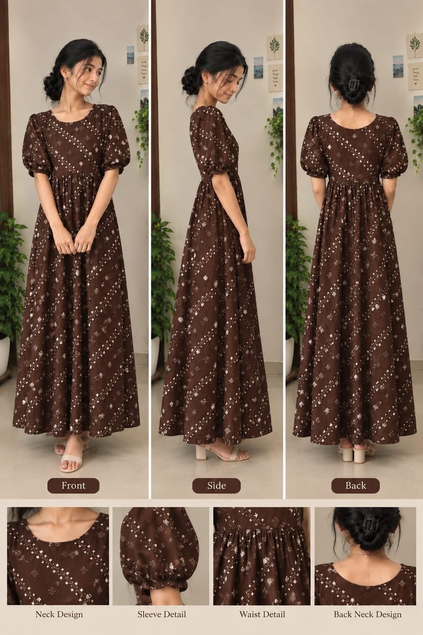 Brown Floral Puff Sleeve Maxi Dress
