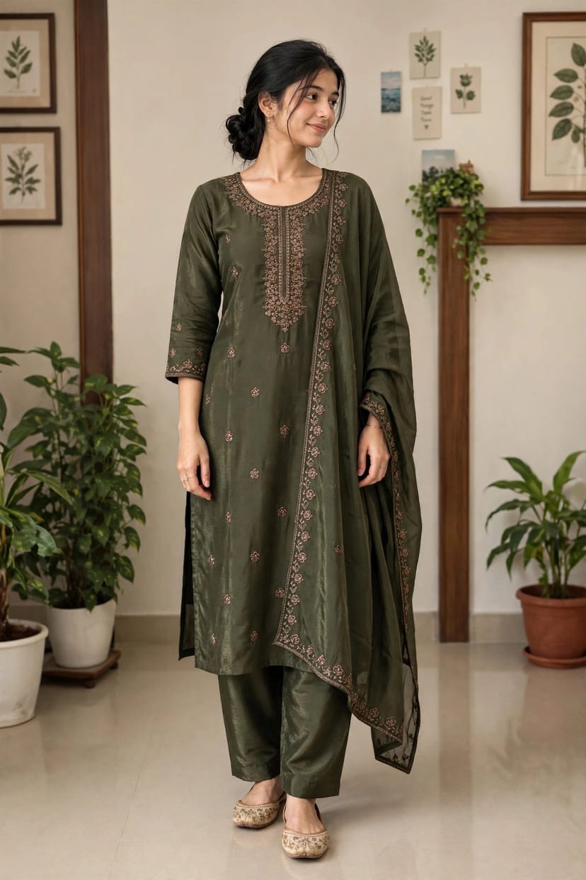 Green Embroidered 3-Piece Suit Set