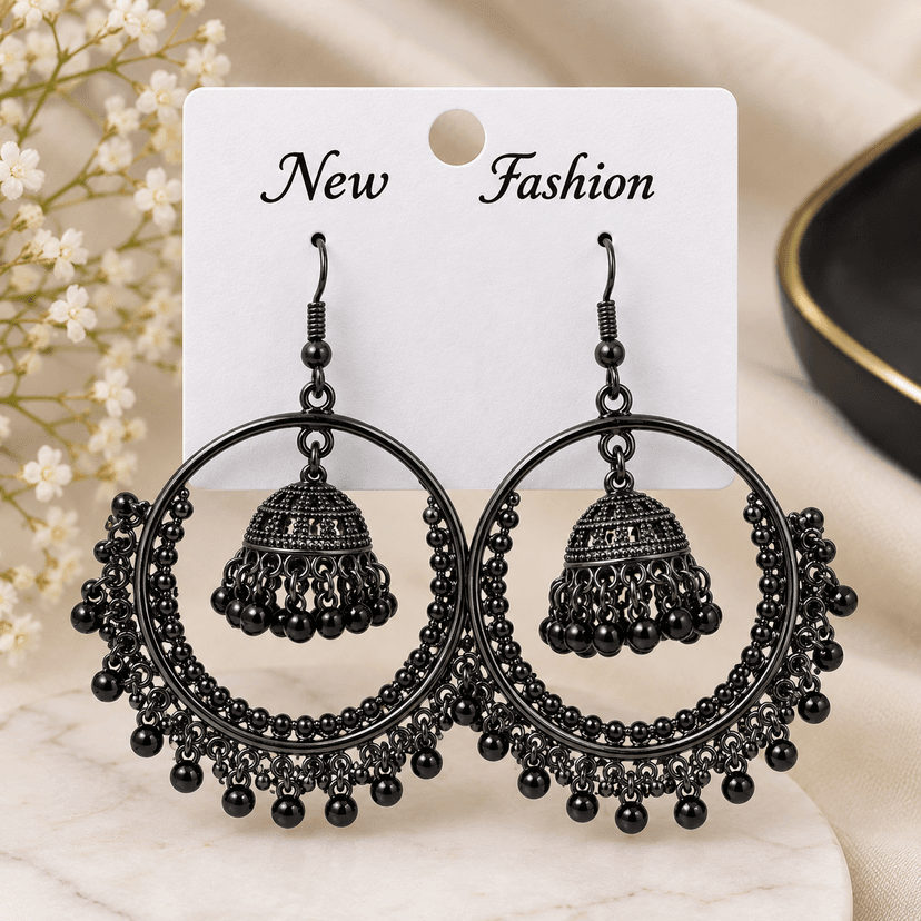 Black Oxidized Hoop Jhumka Earrings - Chandbali Style