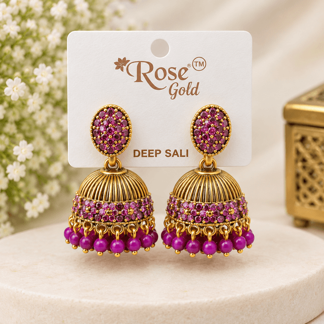 Deep Sali Purple Kemp Stone Jhumka Earrings - Rose Gold Antique
