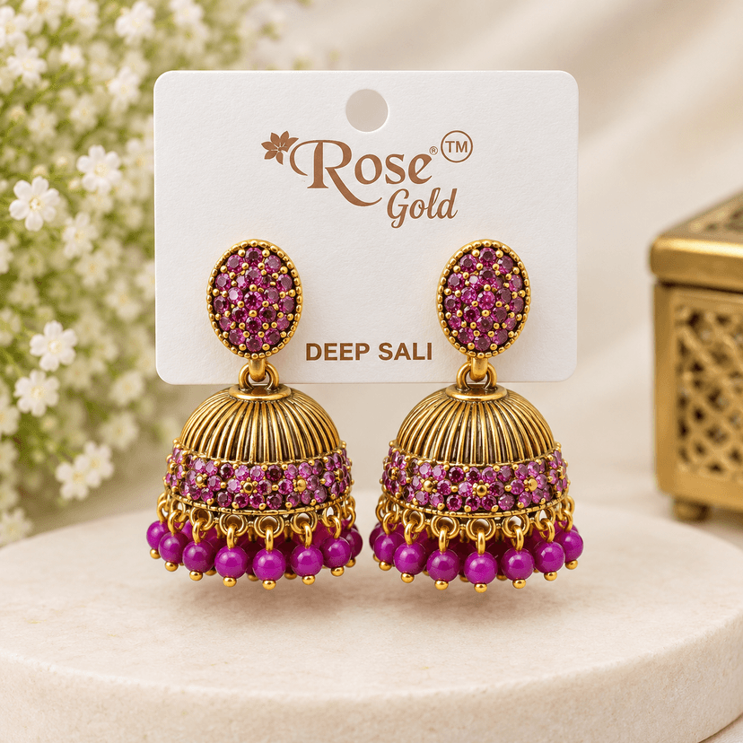 Deep Sali Purple Kemp Stone Jhumka Earrings - Rose Gold Antique