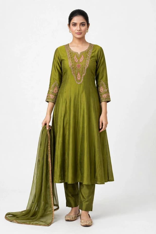Olive Green Embroidered 3-Piece Set
