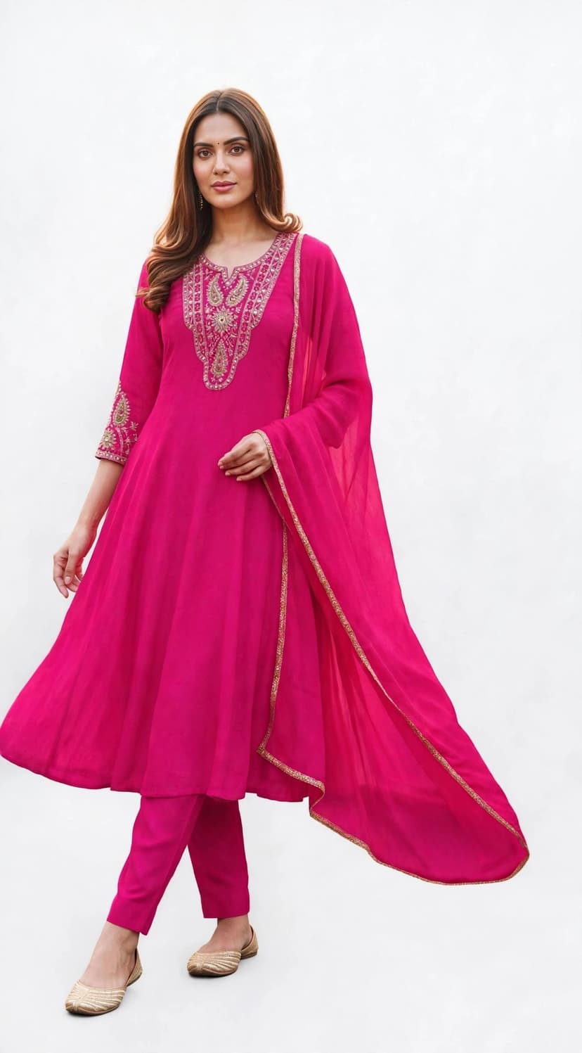 Chanderi Fuchsia Pink Embroidered 3-Piece Set