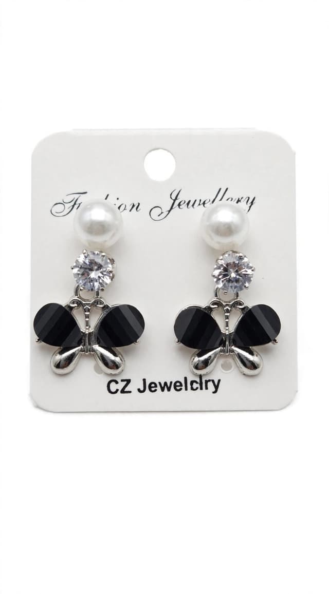 Black Butterfly Pearl CZ Drop Earrings ๐ฆโจ