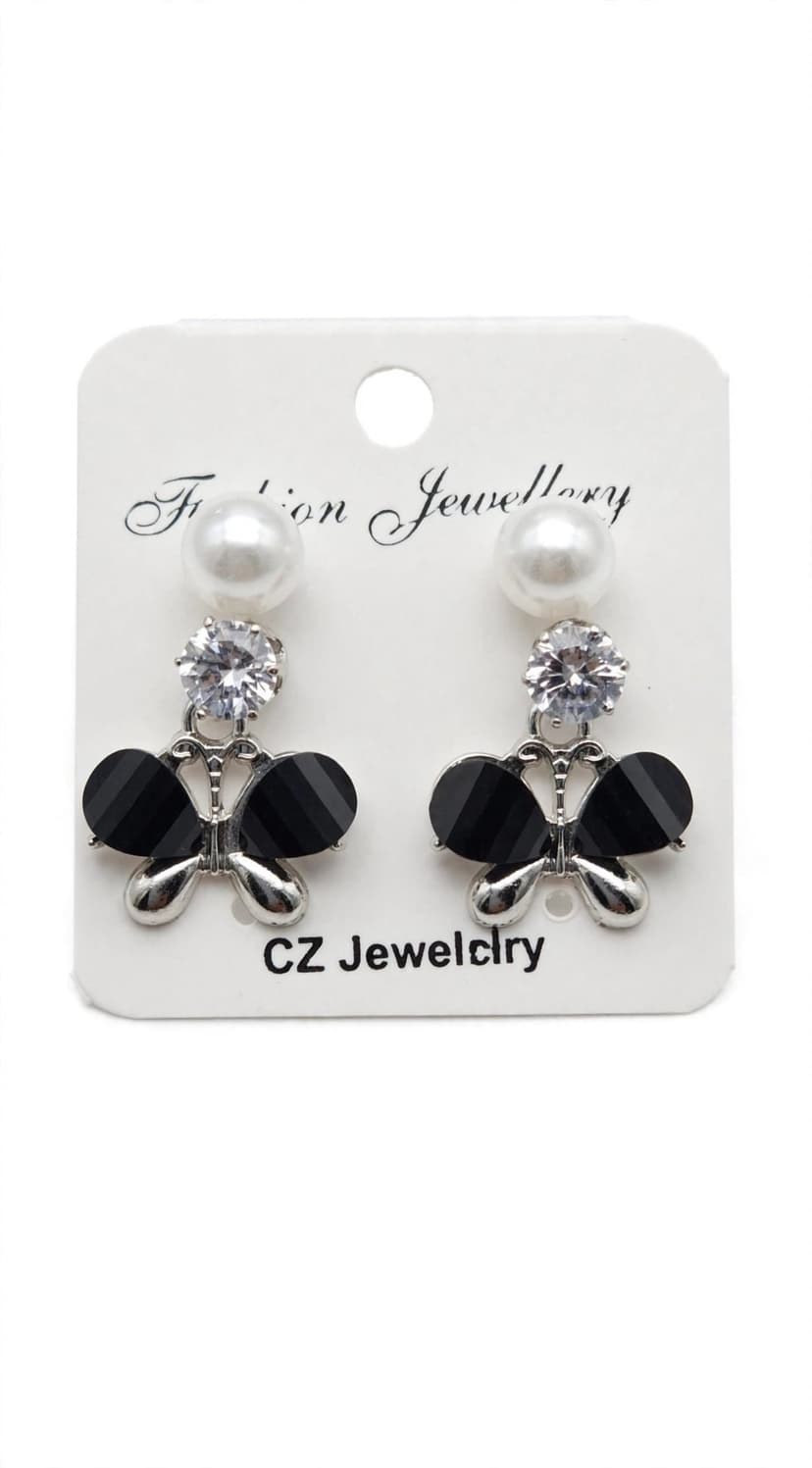 Black Butterfly Pearl CZ Drop Earrings 🦋✨