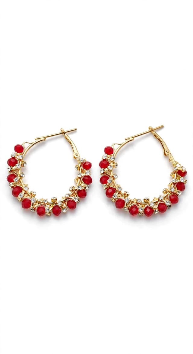 Fashion Earrings - Mint Blue Beaded Gold Hoop Earrings with Crystals - Party Wear