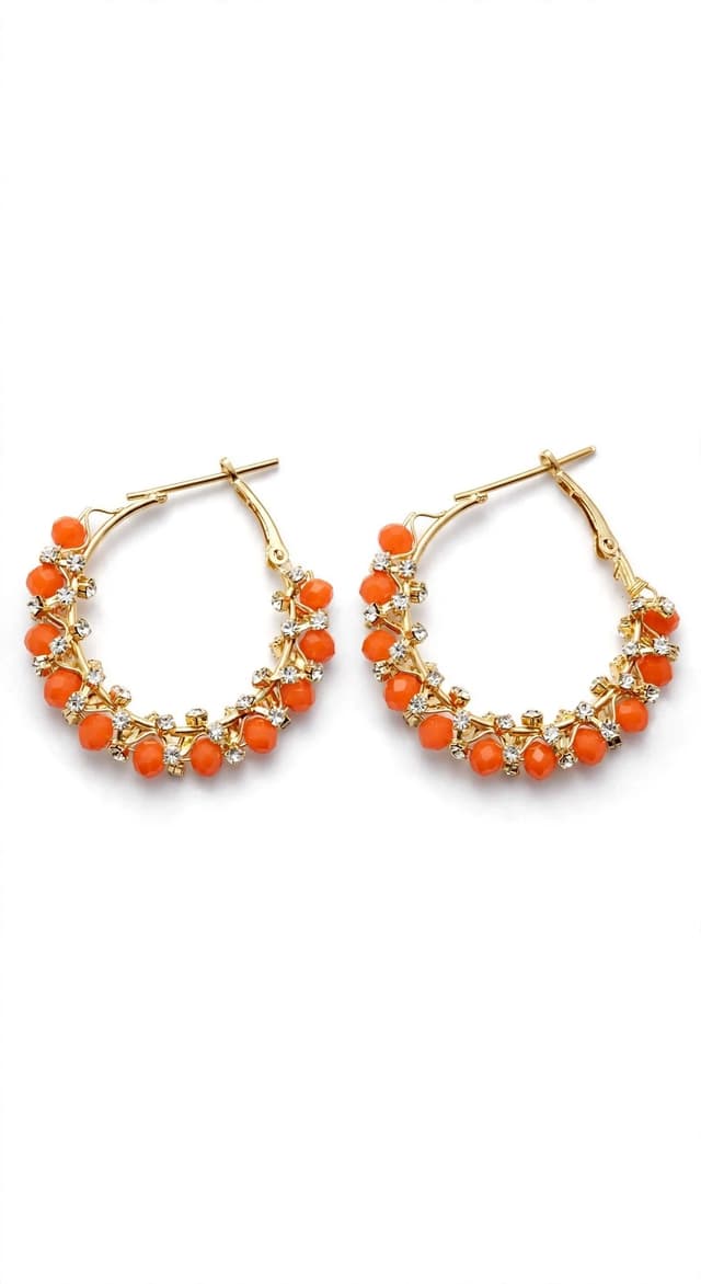 Fashion Earrings - Mint Blue Beaded Gold Hoop Earrings with Crystals - Party Wear