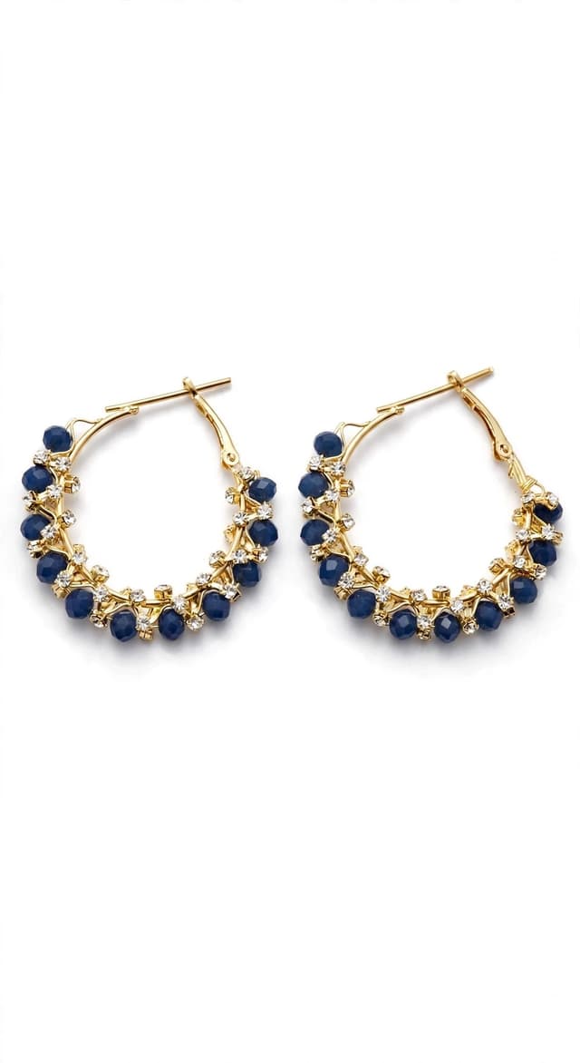 Fashion Earrings - Mint Blue Beaded Gold Hoop Earrings with Crystals - Party Wear