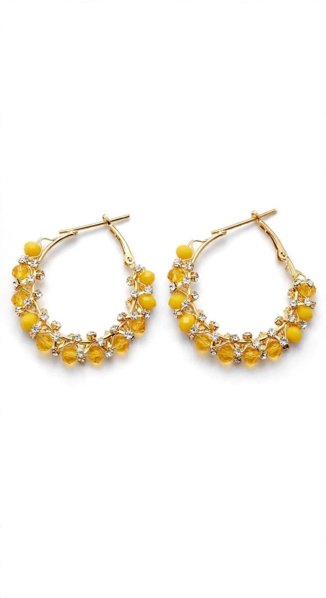 Fashion Earrings - Mint Blue Beaded Gold Hoop Earrings with Crystals - Party Wear