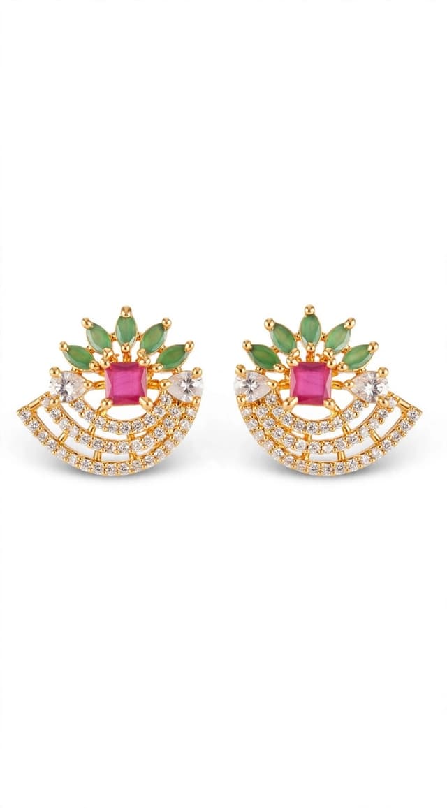 Pink square + 5 green leaves + side diamonds + 3 line fan