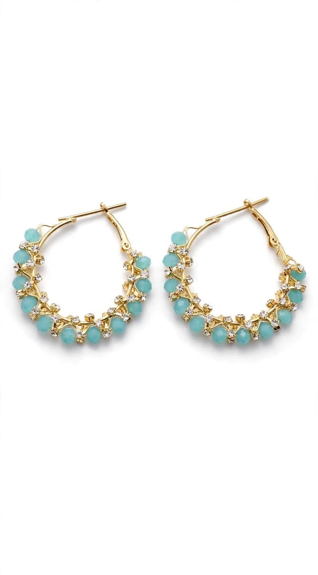 Fashion Earrings - Mint Blue Beaded Gold Hoop Earrings with Crystals - Party Wear