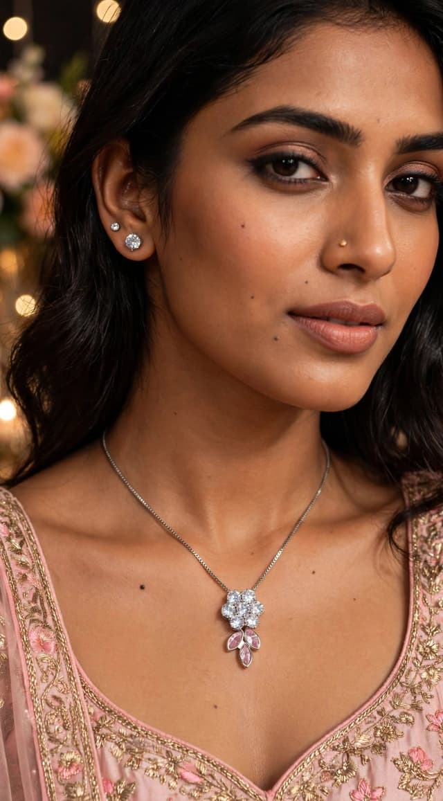 Silver Pink Flower Diamond Set with Stud*