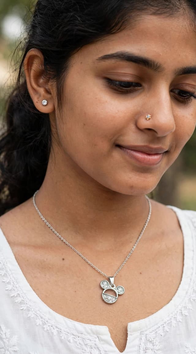 cute chain, daily wear, girls chain set, Korean pendant, silver chain, diamond stud