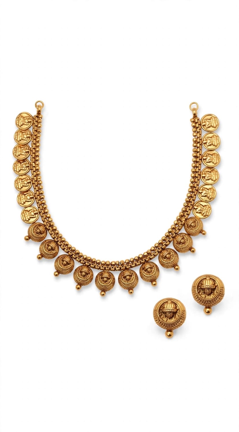 Gold Lakshmi Kasumala Necklace Set โ Temple Wear*