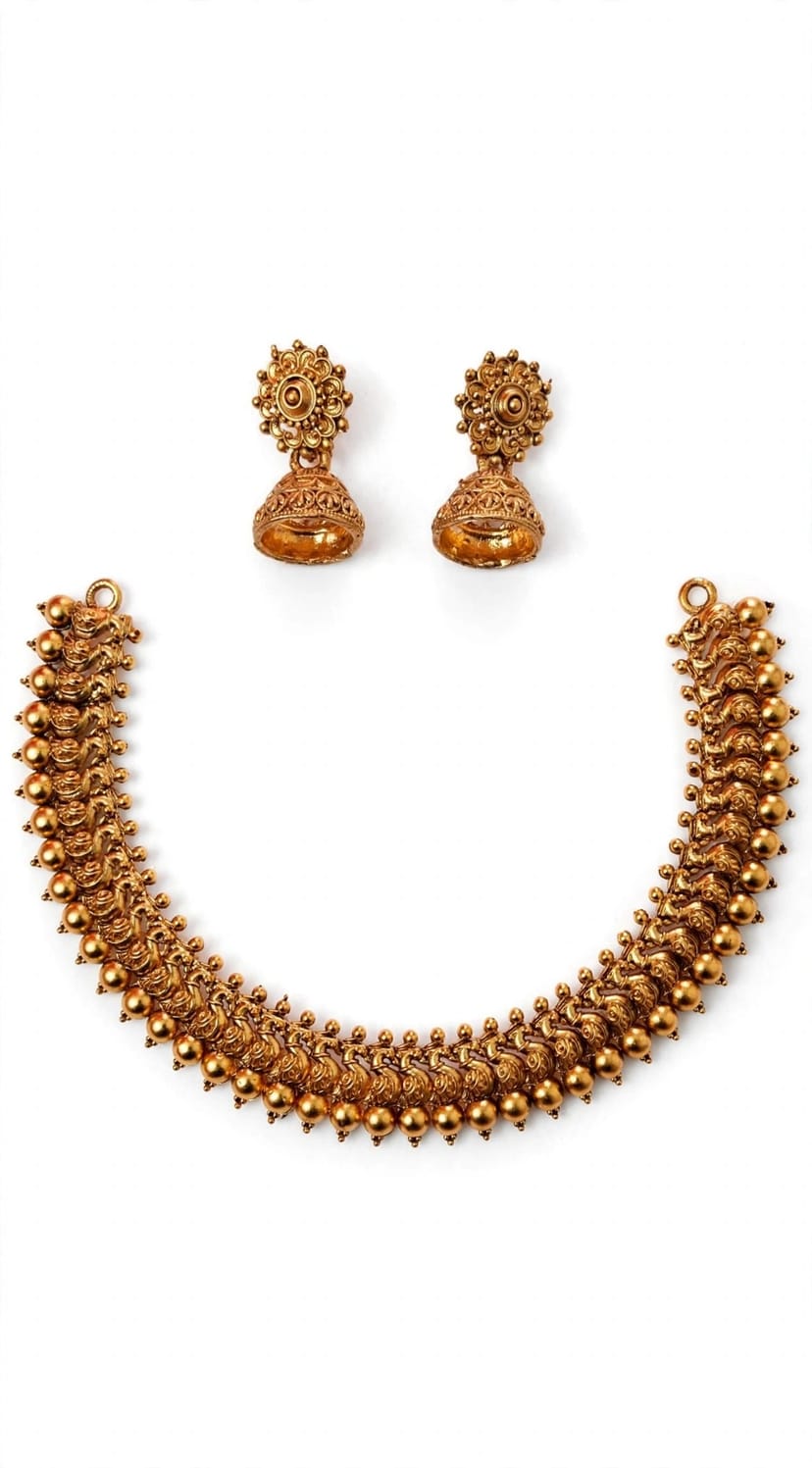 Gold Peacock Tholu Choker with Jhumka โ Temple Set*