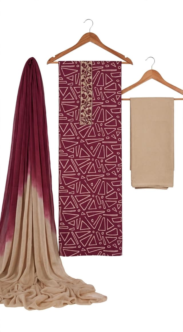 โจ Elegant Purple Printed Dress Material with Beige Bottom & Lightweight Shaded Dupatta.