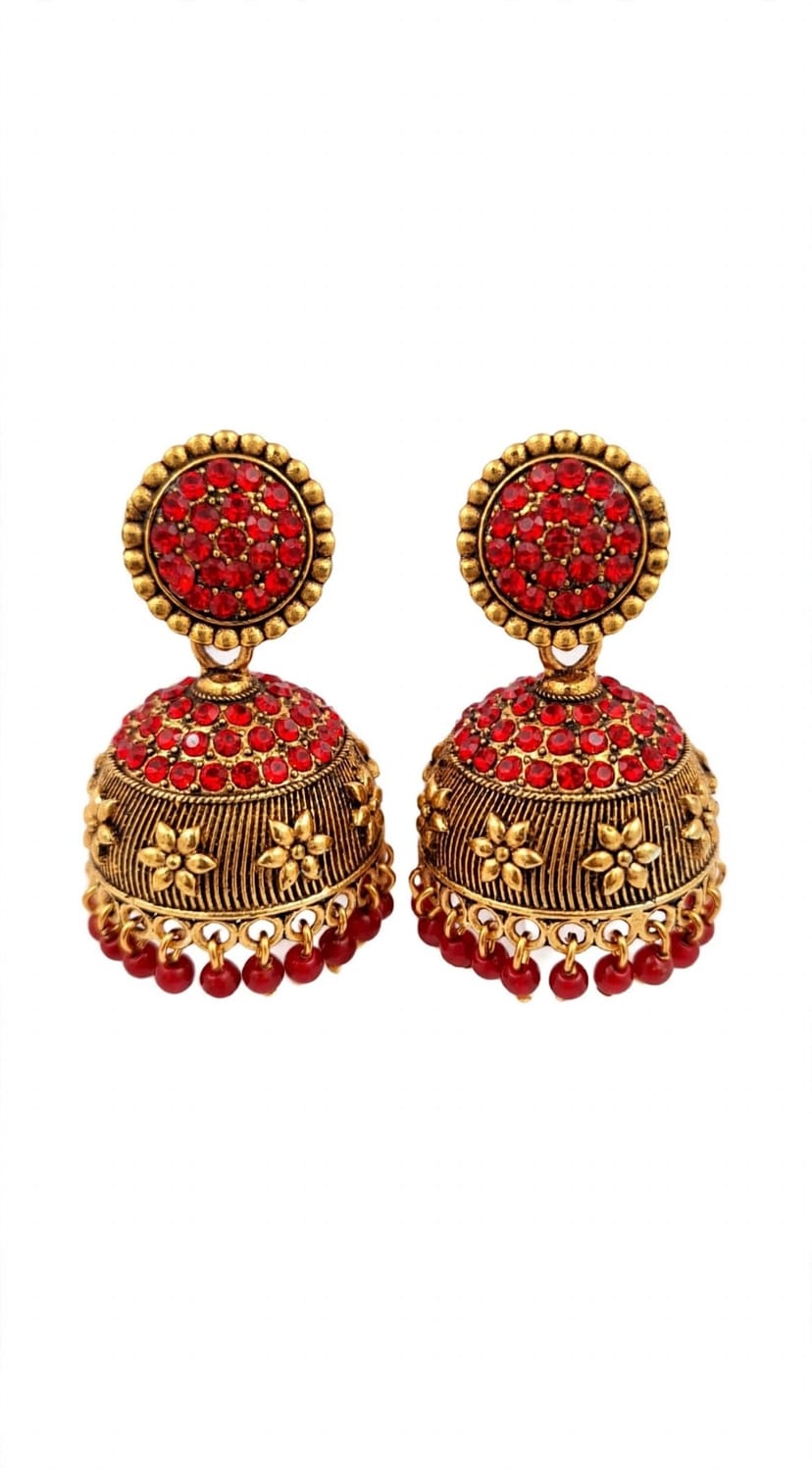 Red Kemp Temple Jhumka โ Antique Gold