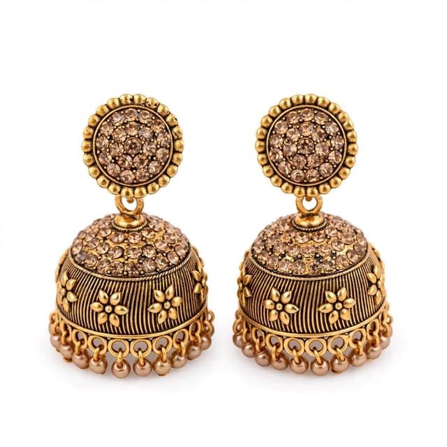 Champagne Gold Stone Antique Jhumka Earrings | Rose Gold Temple Jhumki | Bridal Festive Earrings