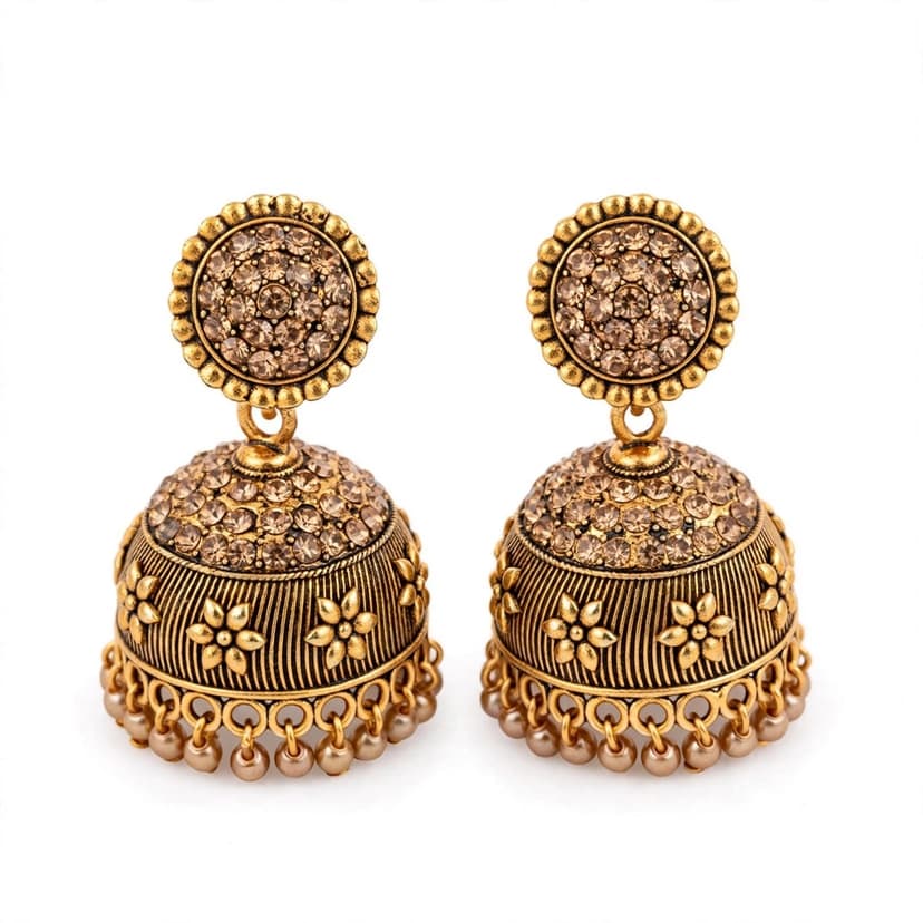 Champagne Gold Stone Antique Jhumka Earrings | Rose Gold Temple Jhumki | Bridal Festive Earrings