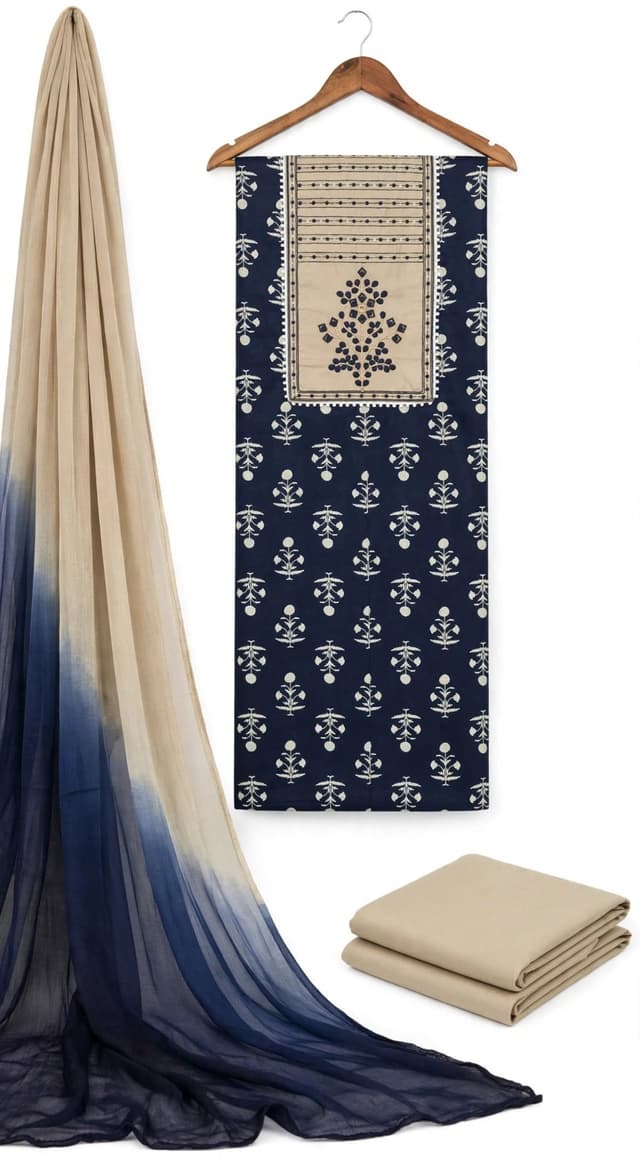 Top:* Navy blue with beige yoke embroidery (wooden hanger)
- *Shall:* Ombre beige to blue โ hanger hidden, flowy drape (nee paranjathu pole)
- *Pant:* *Beige* folded โ yoke colour matching (ithu ippo correct aayi)
- Pure white BG, HD